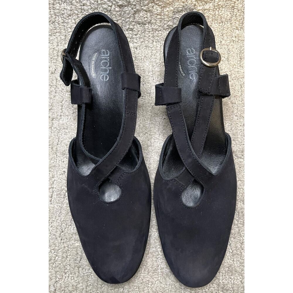 Arche Black Nubuck Suede Shoes 41 10 Cross Strap Wedge Heels Slingbacks - Picture 6 of 11